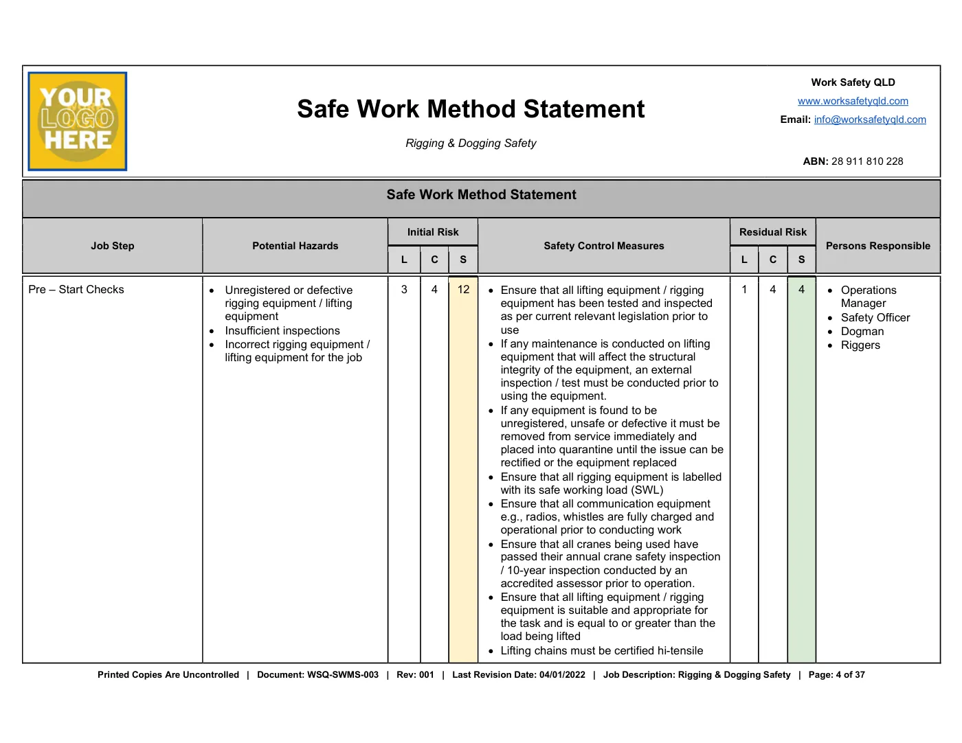 Rigging & Dogging SWMS: sample page 4