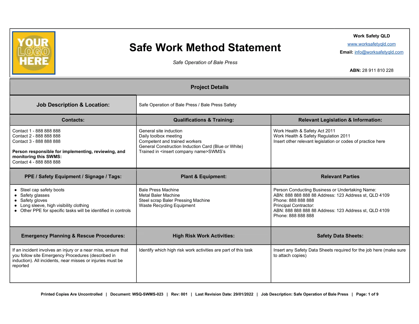 Safe Operation of Bale Press SWMS: sample page 1