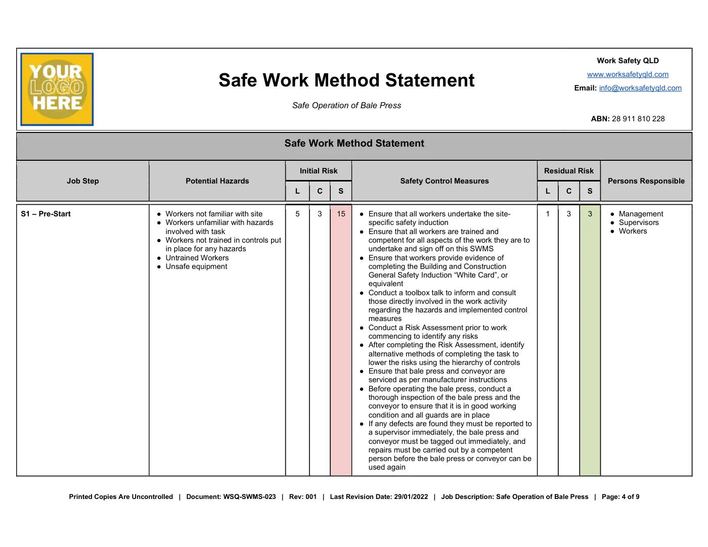 Safe Operation of Bale Press SWMS: sample page 4