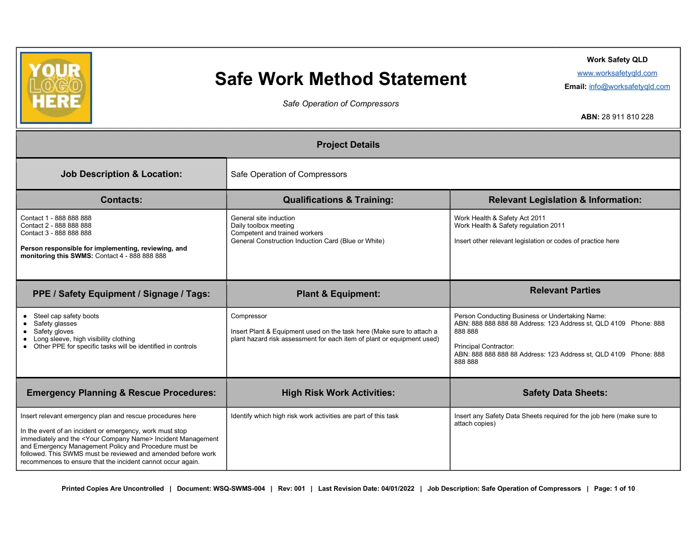 Safe Operation of Compressor SWMS: sample page 1