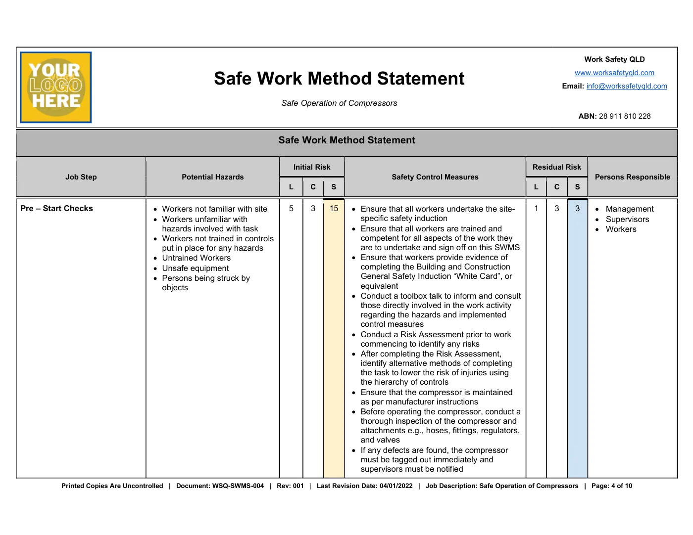 Safe Operation of Compressor SWMS: sample page 4