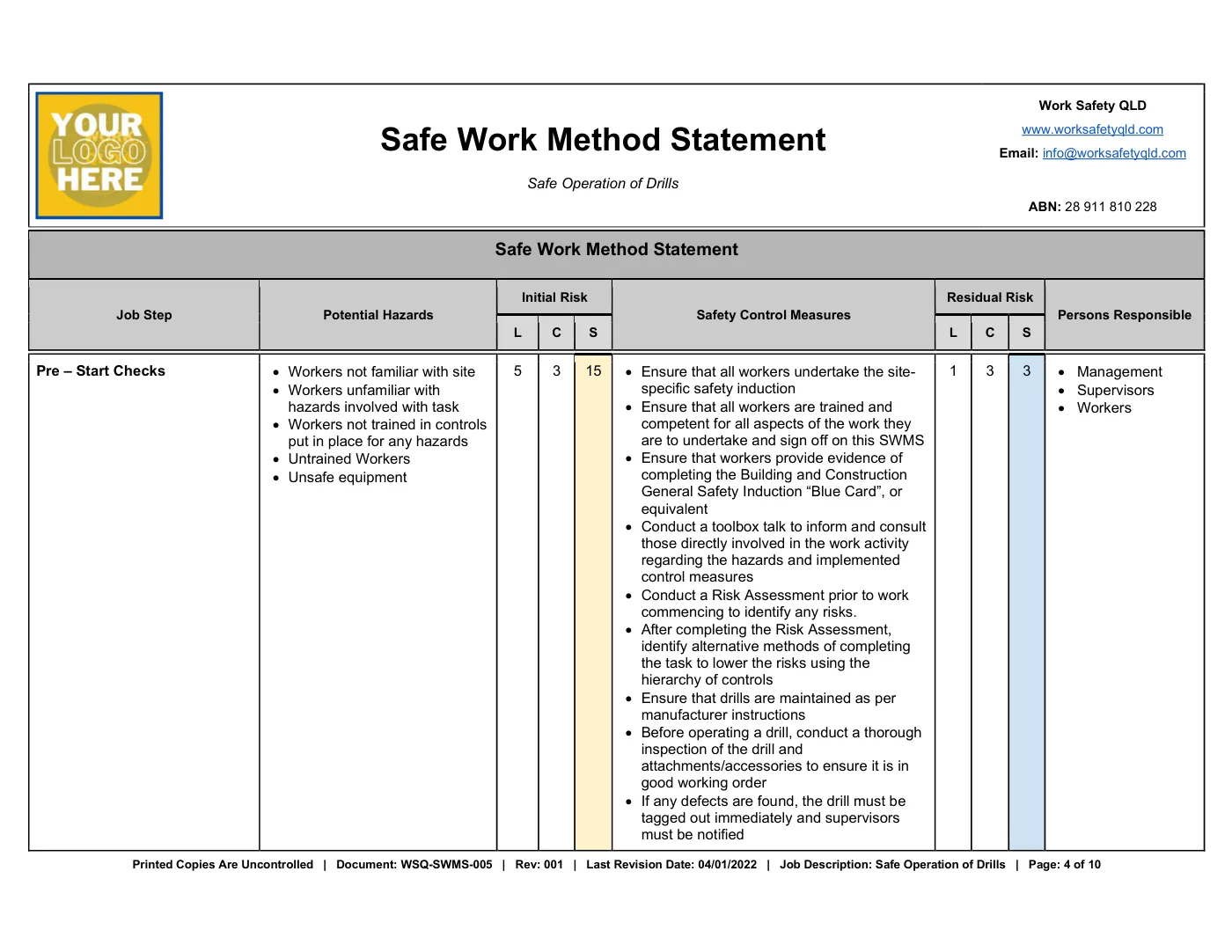 Safe Operation of Drills SWMS: sample page 4