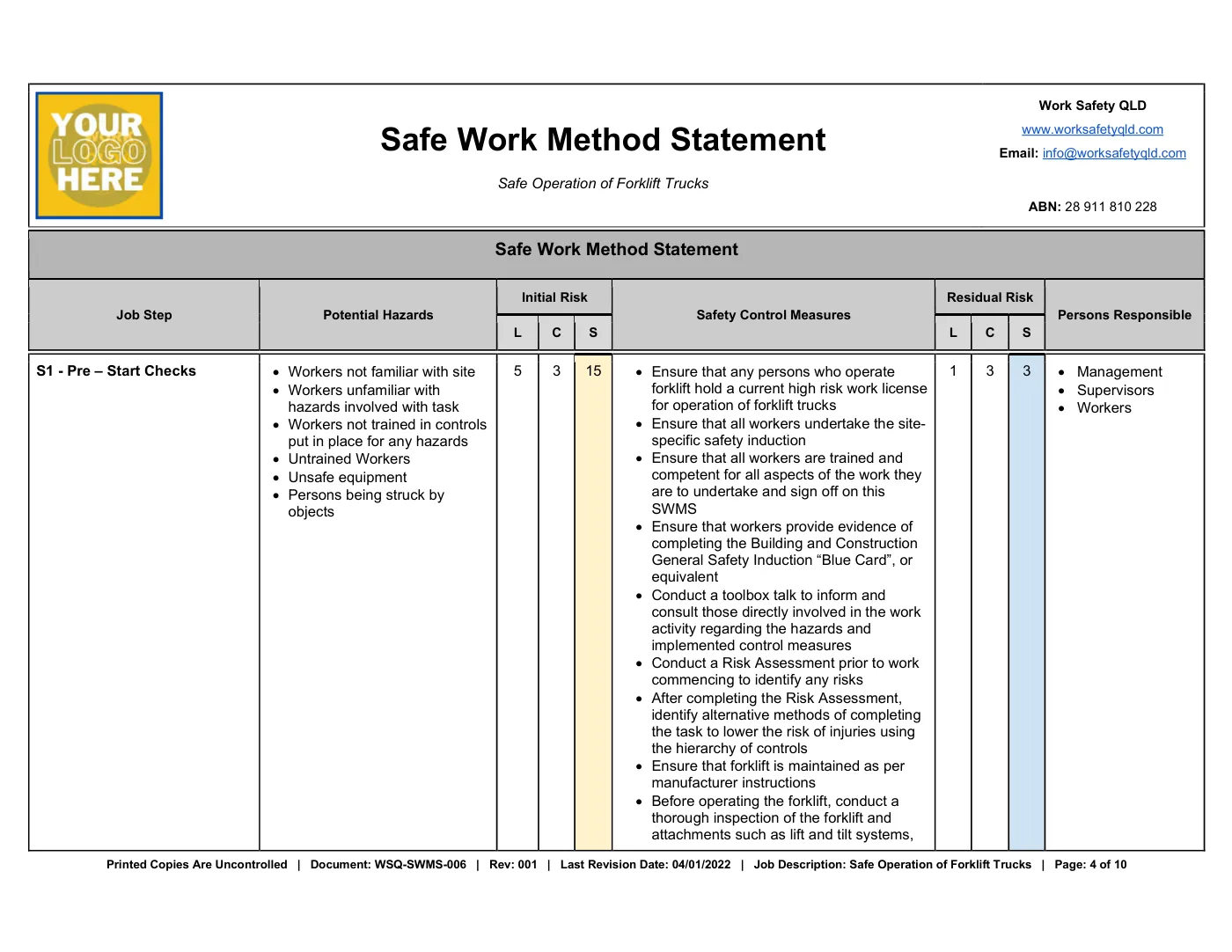 Safe Operation of Forklift SWMS: sample page 4
