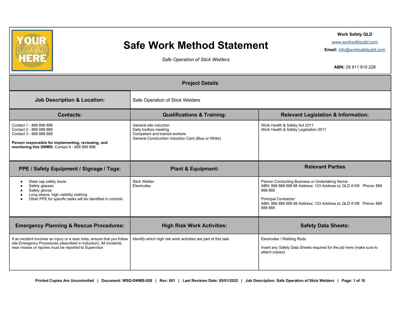 Safe Operation of Stick Welders SWMS: sample page 1