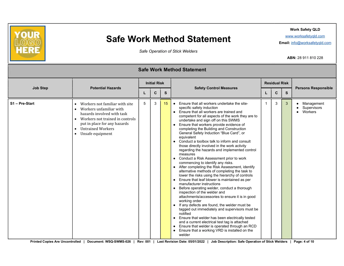 Safe Operation of Stick Welders SWMS: sample page 4