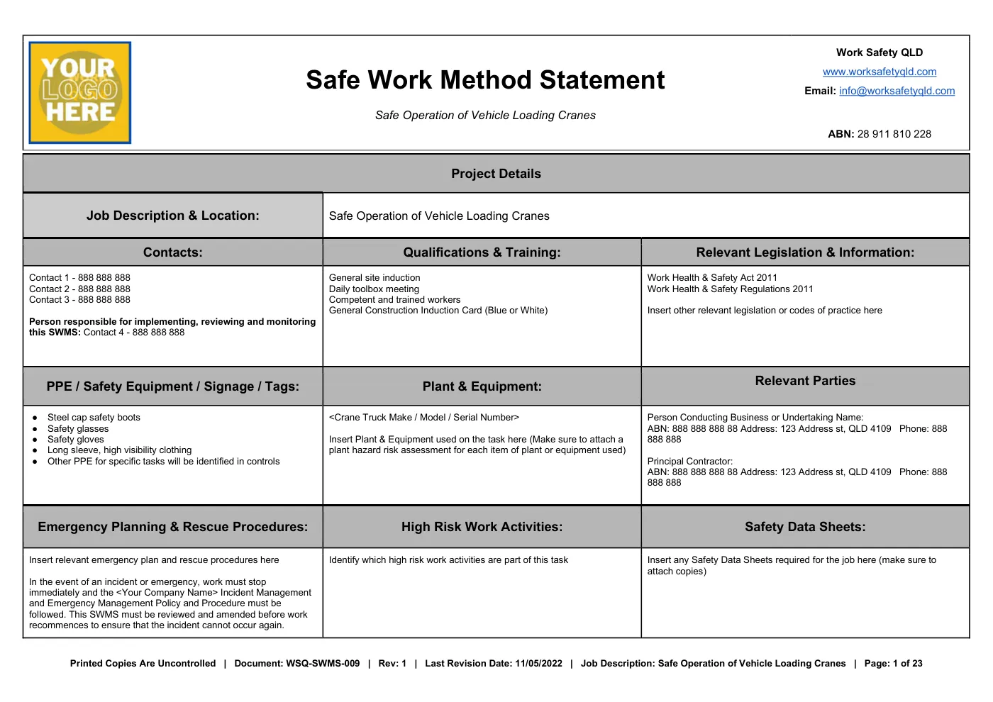 Safe Operation of Vehicle Loading Crane SWMS: sample page 1