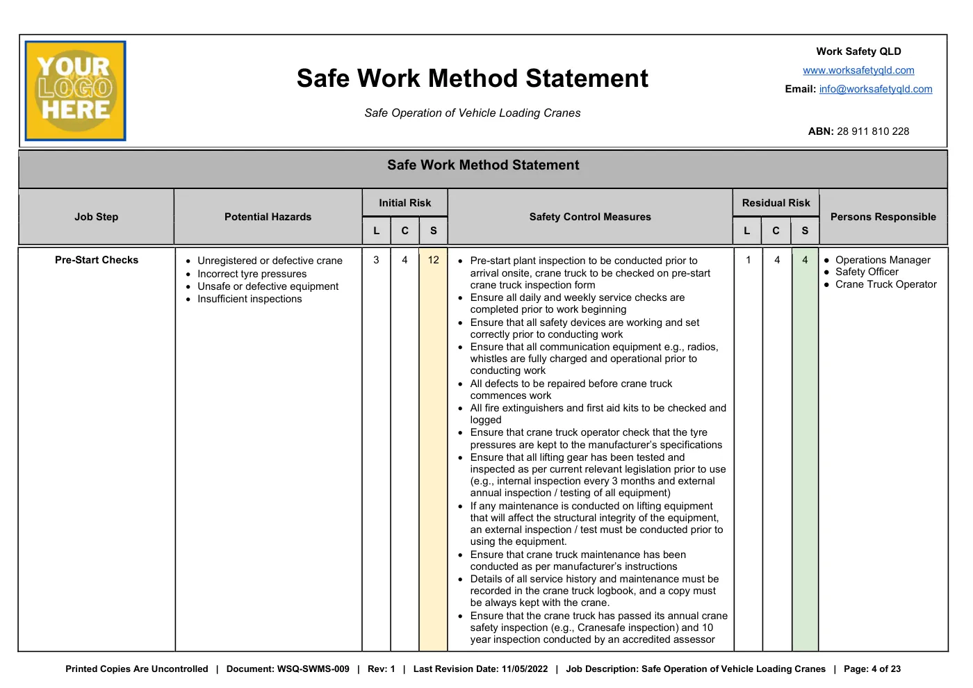 Safe Operation of Vehicle Loading Crane SWMS: sample page 4