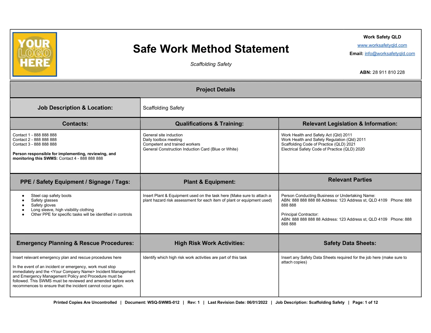 Scaffolding SWMS: sample page 1