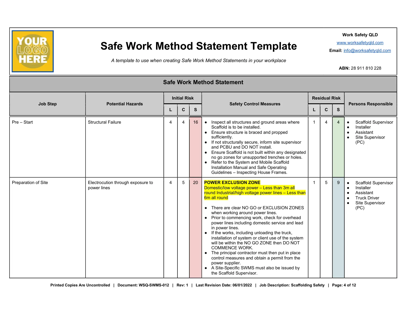 Scaffolding SWMS: sample page 4