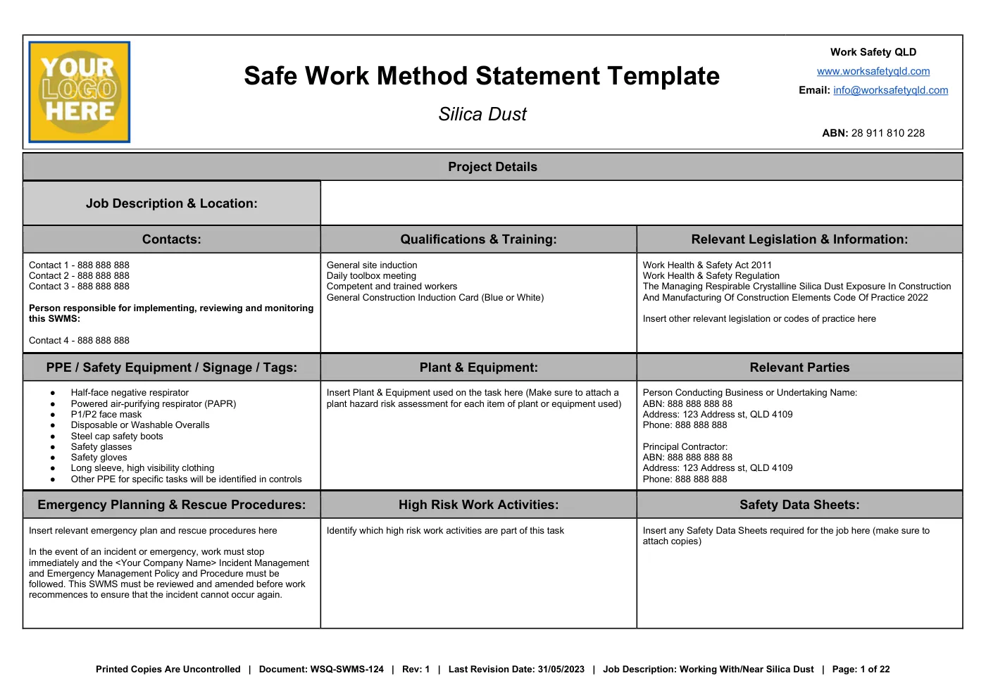 Silica Dust SWMS Template: sample page 1
