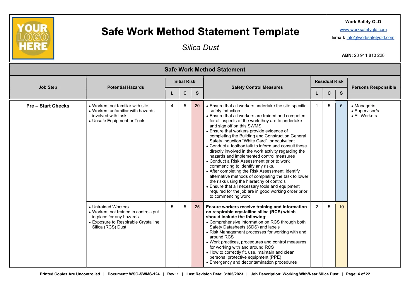 Silica Dust SWMS Template: sample page 4