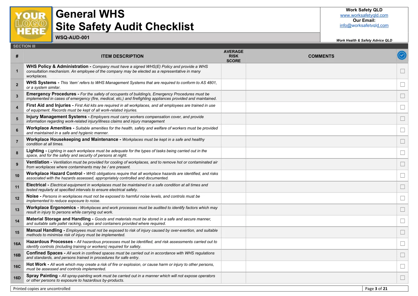 Site Safety Audit Checklist: sample page 3