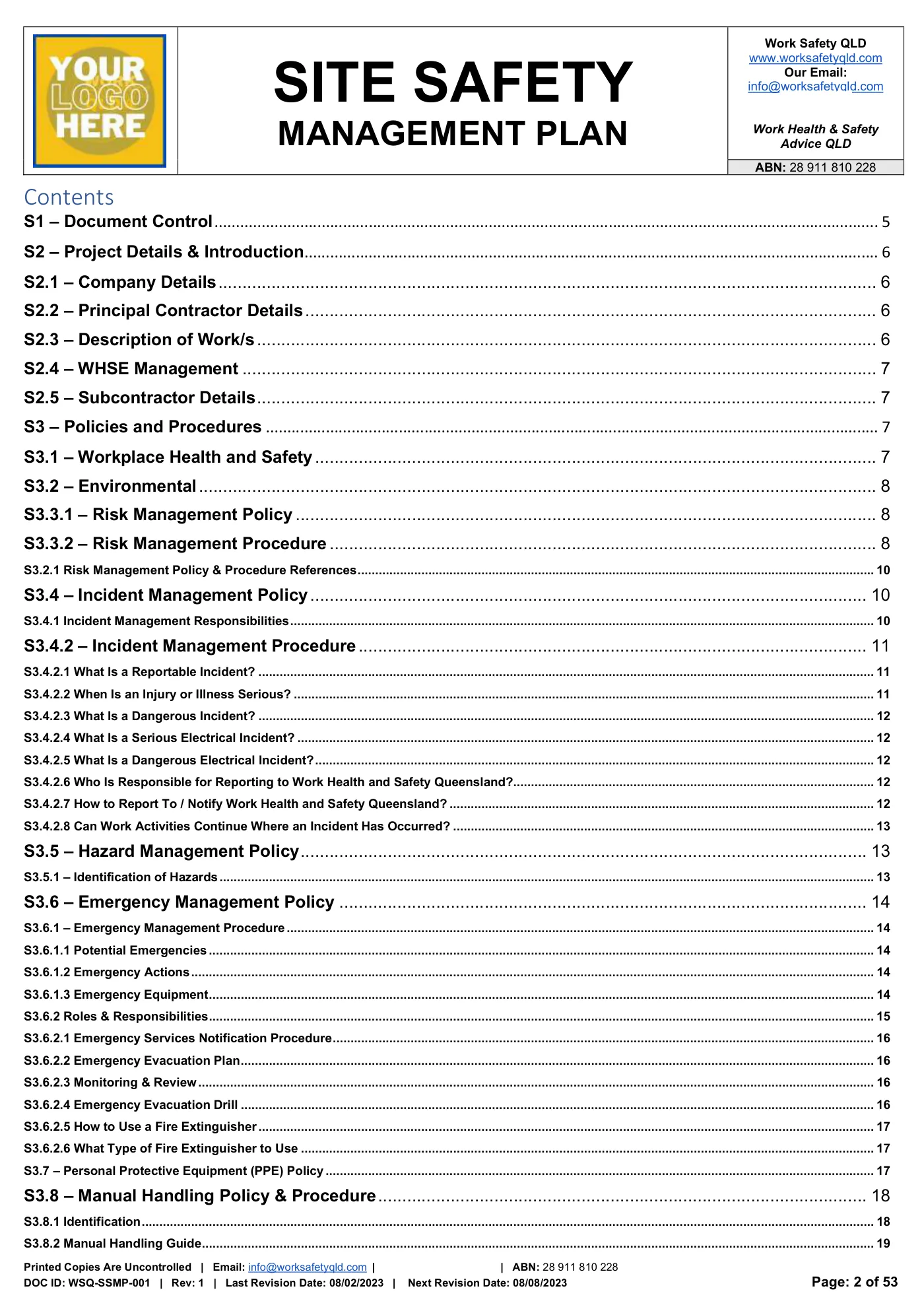 Site Safety Management Plan: sample page 2