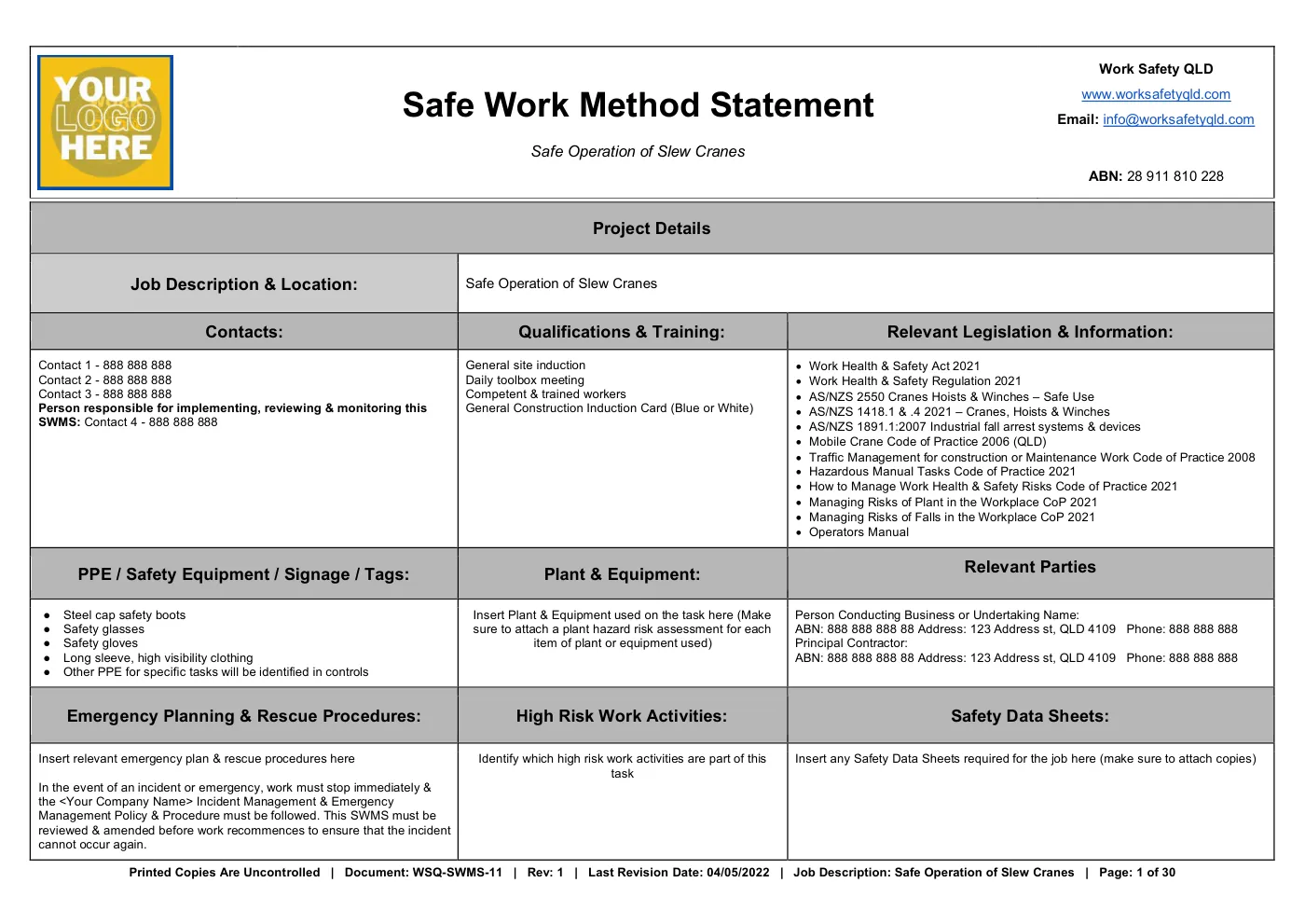Slew Crane SWMS: sample page 1