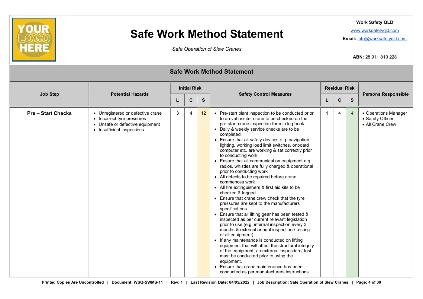 Slew Crane SWMS: sample page 4