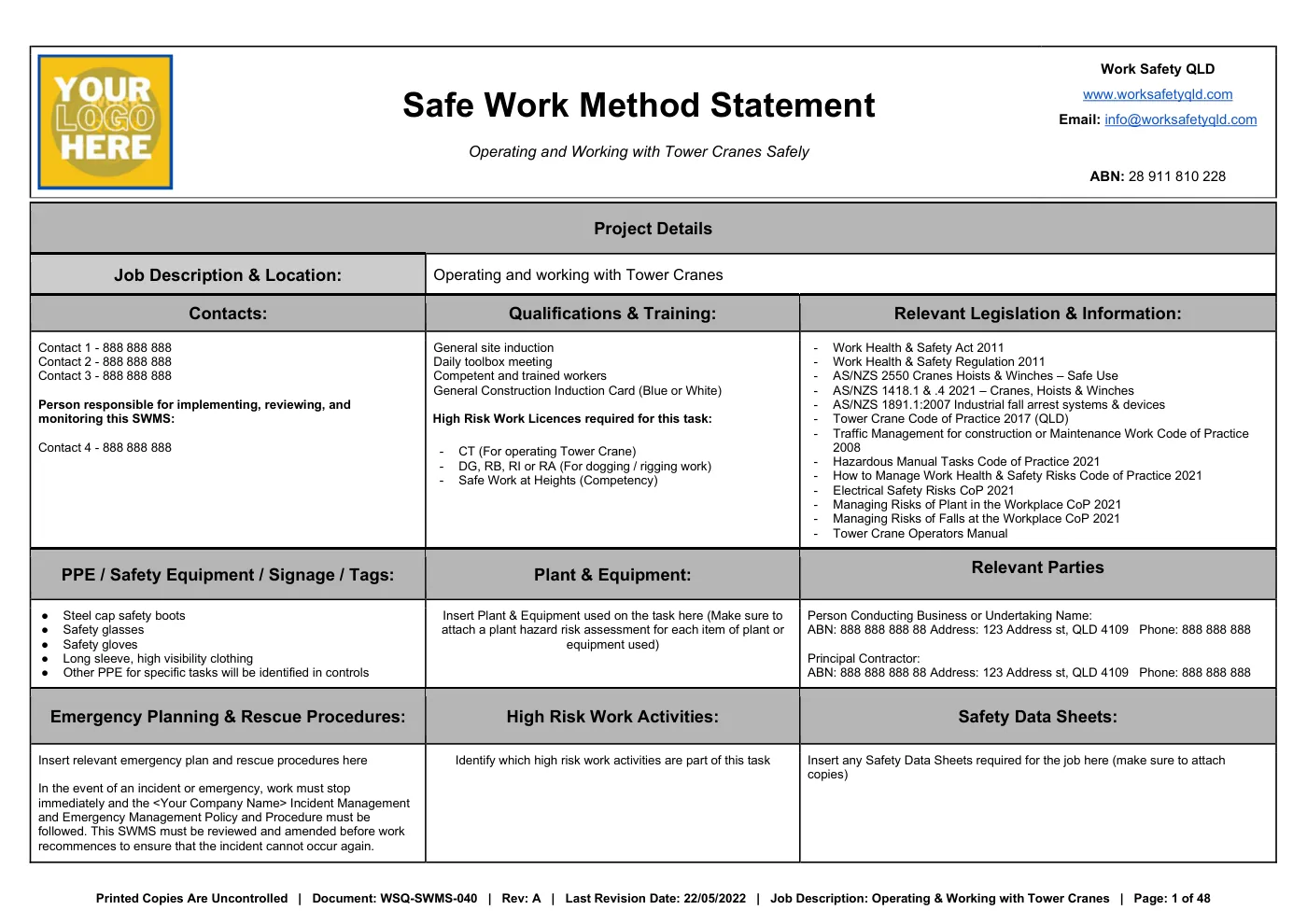 Tower Crane SWMS: sample page 1
