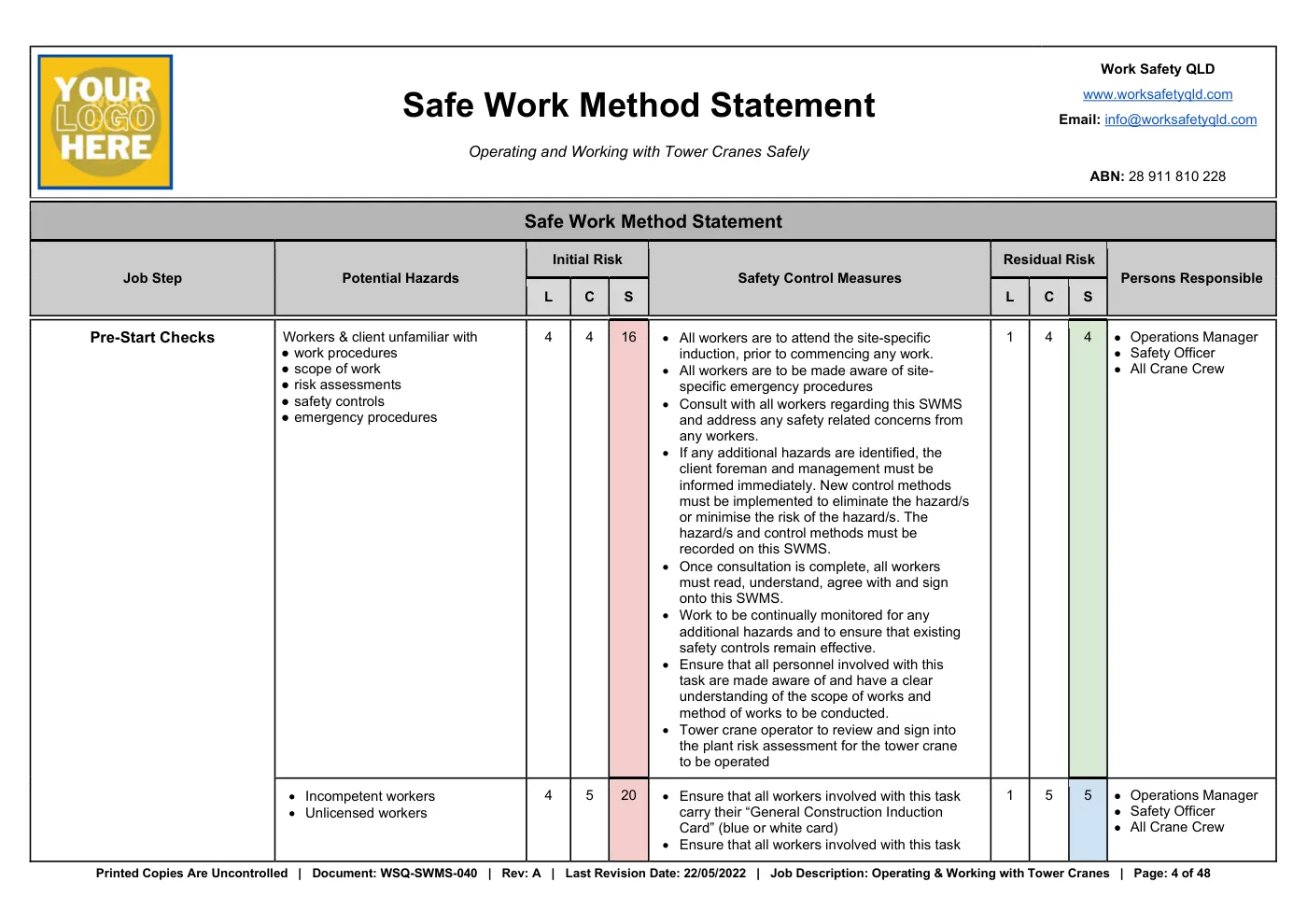 Tower Crane SWMS: sample page 4