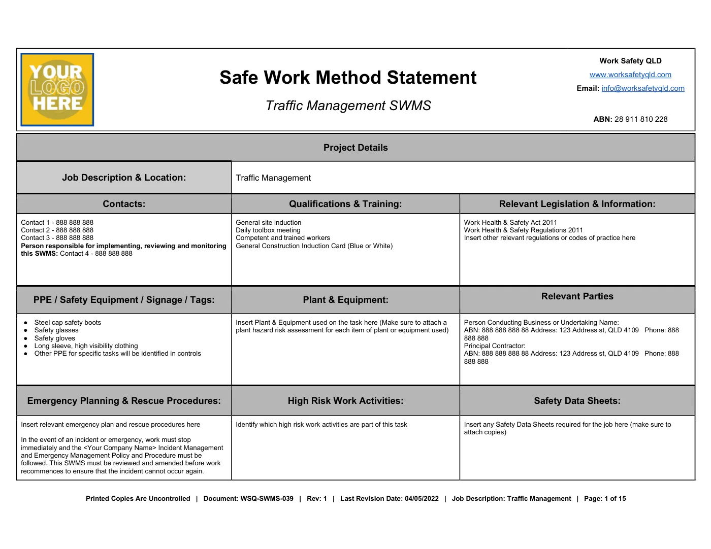 Traffic Management SWMS: sample page 1