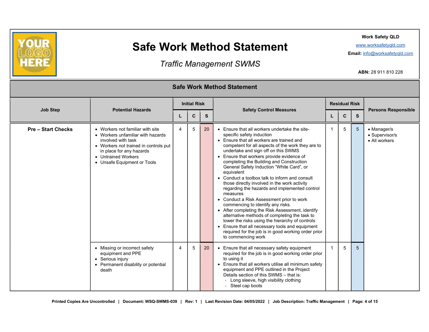 Traffic Management SWMS: sample page 4