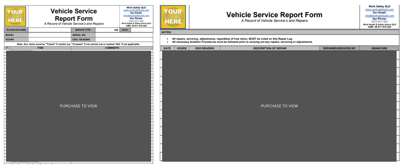 Vehicle Service Report Form: sample page 1