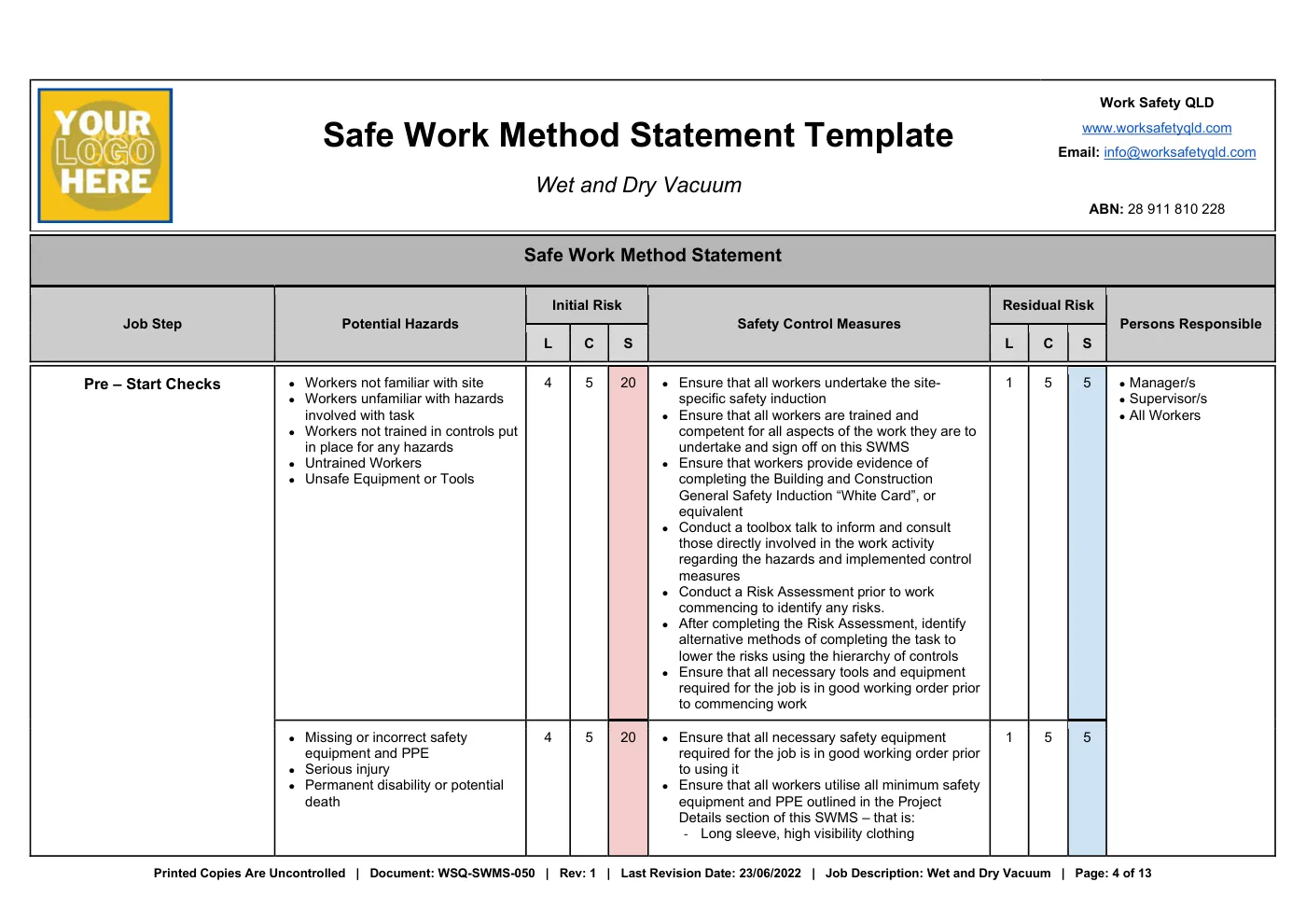 Wet and Dry Vacuum SWMS: sample page 4
