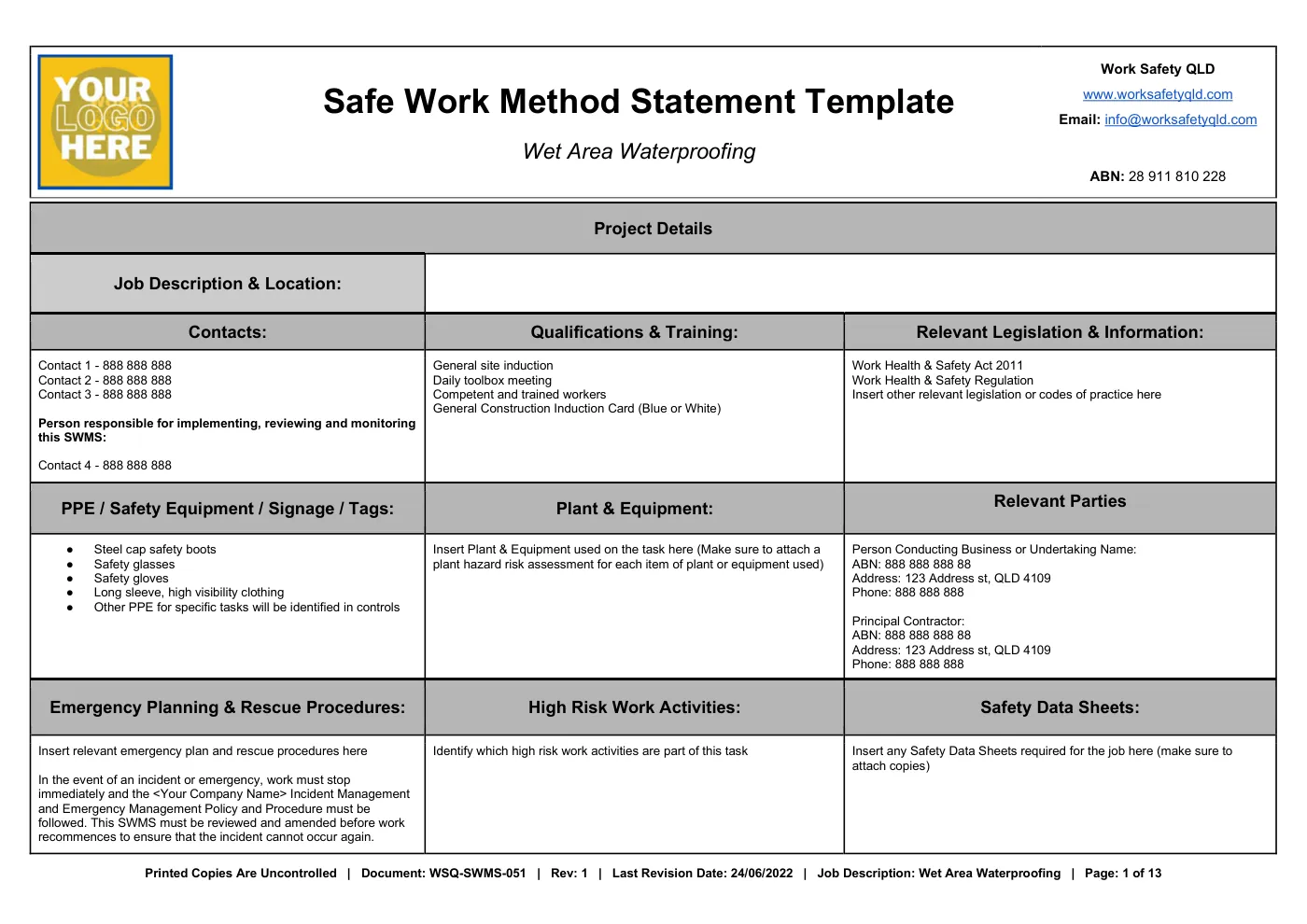 Wet Area Waterproofing SWMS: sample page 1
