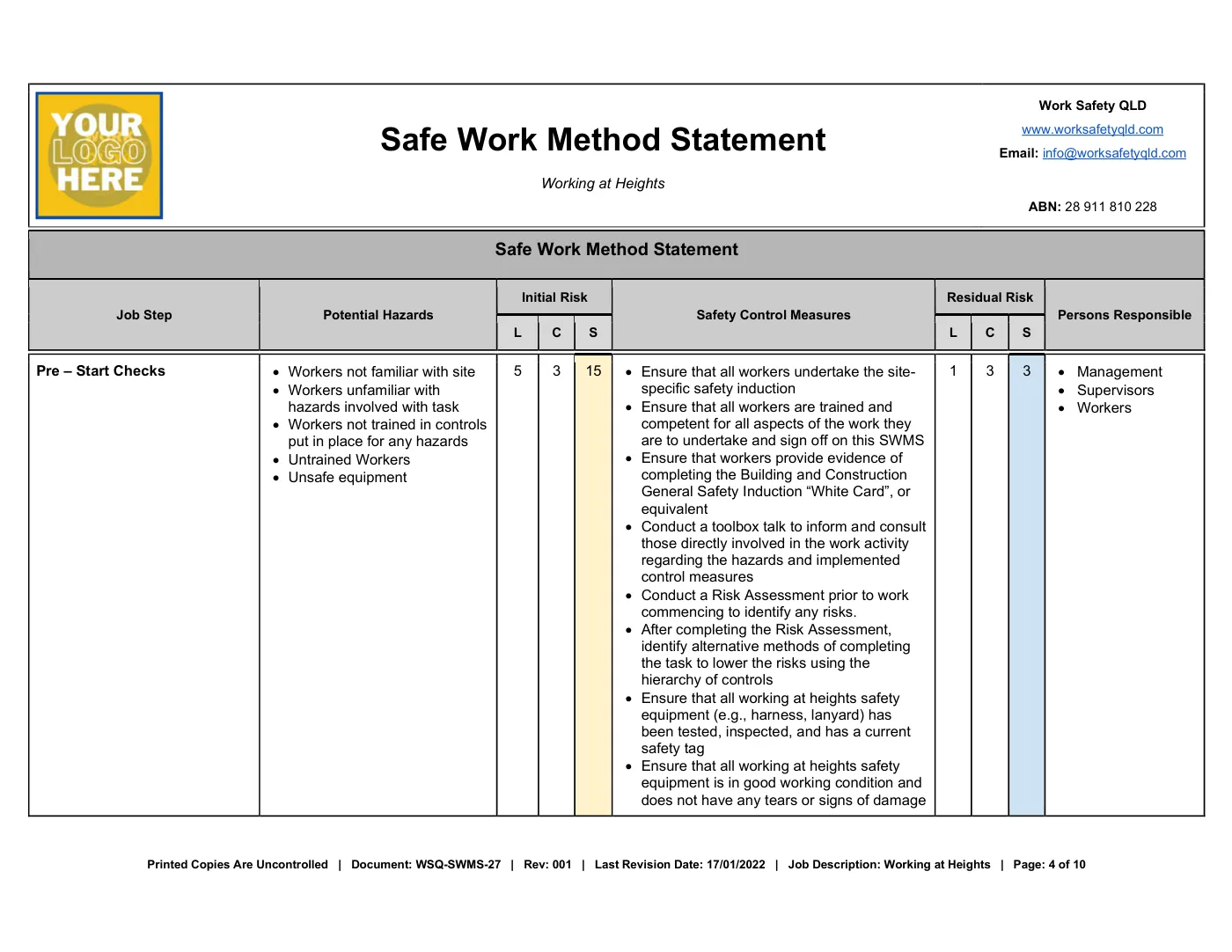 Working at Heights SWMS: sample page 4