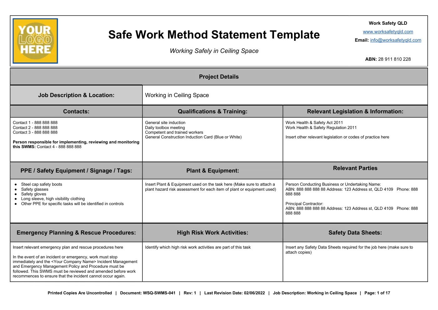 Working in Ceiling Space SWMS: sample page 1