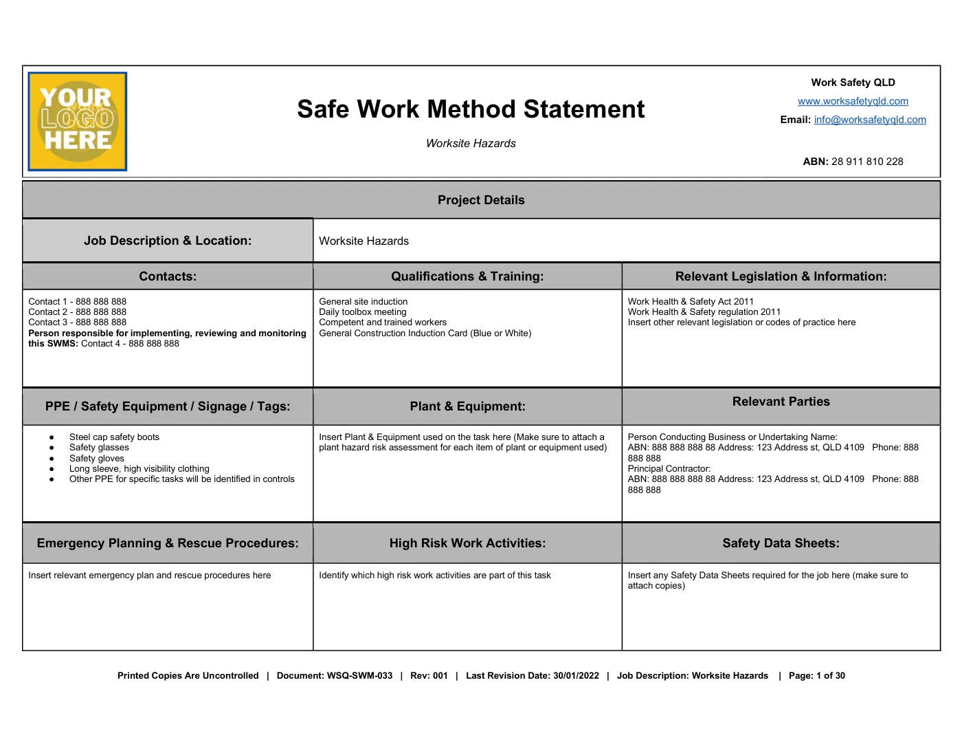 Worksite Hazards SWMS: sample page 1
